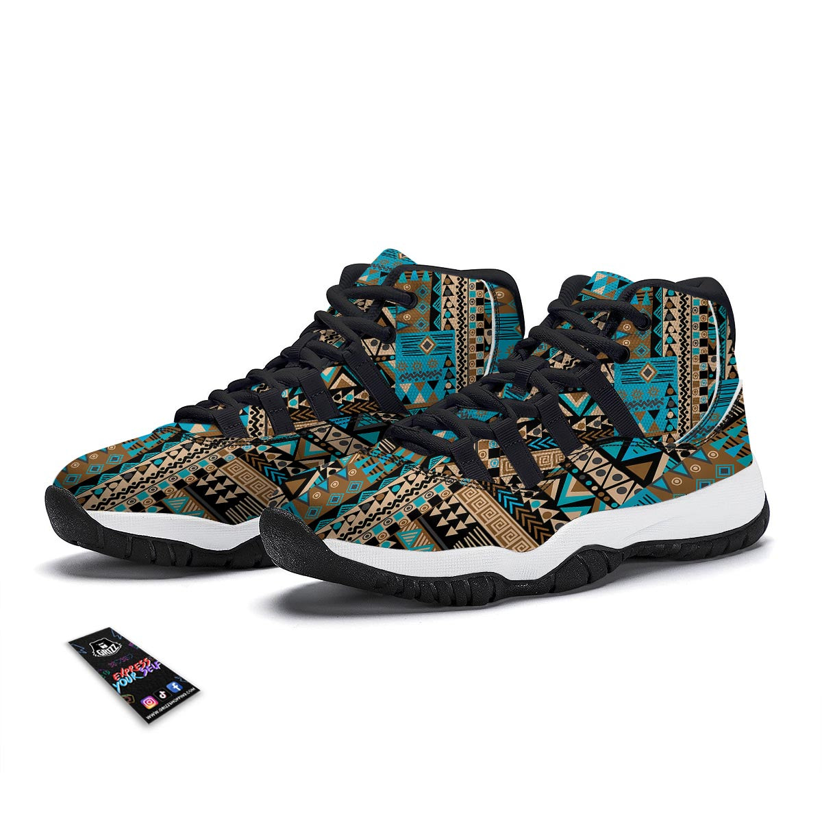 Aztec Brown And Teal Print Pattern Black Bball Shoes-grizzshop