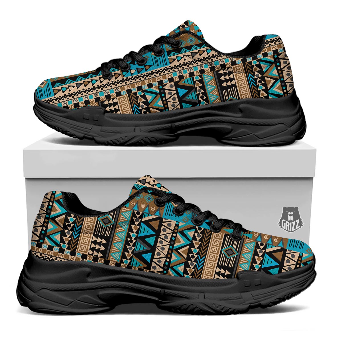 Aztec Brown And Teal Print Pattern Black Chunky Shoes-grizzshop