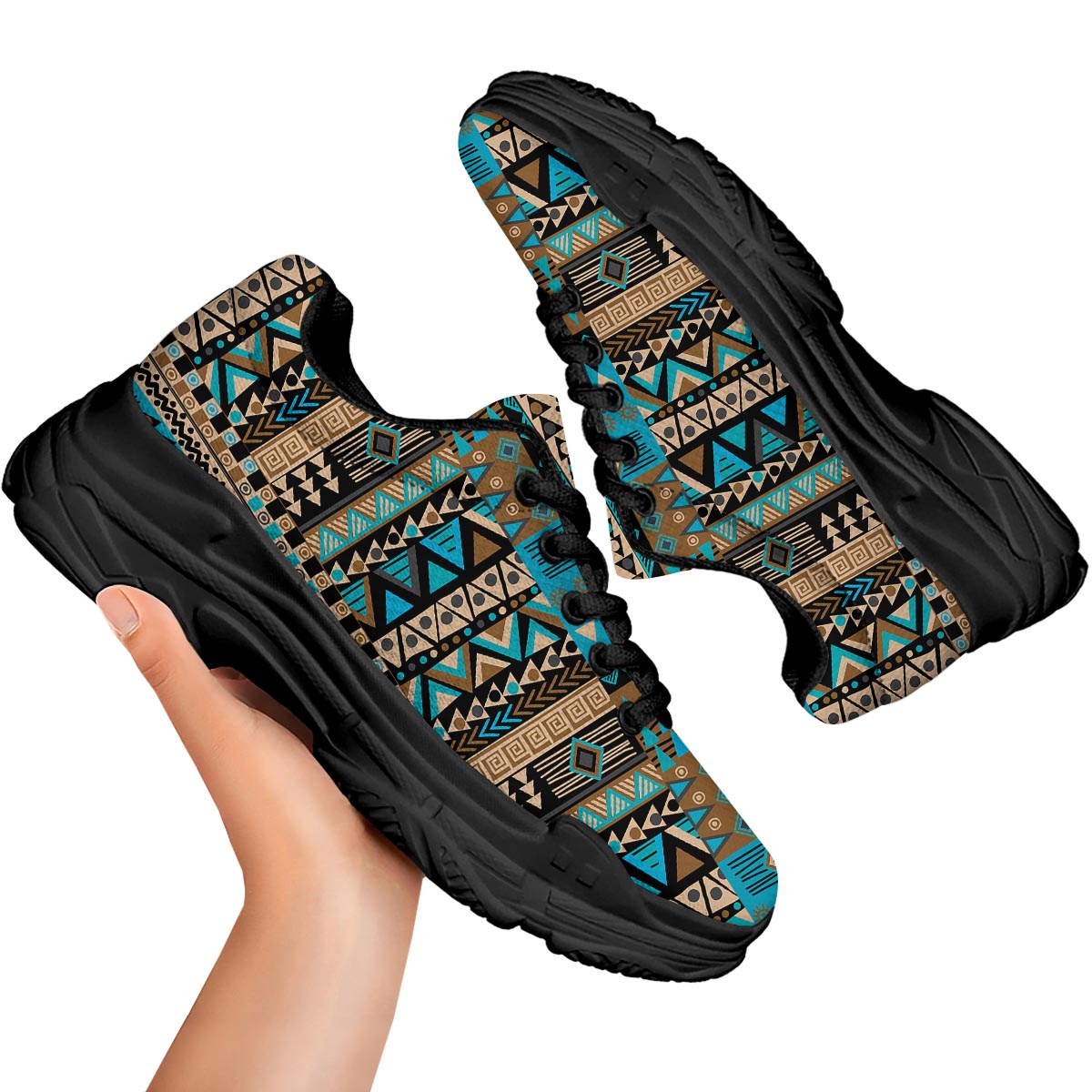 Aztec Brown And Teal Print Pattern Black Chunky Shoes-grizzshop