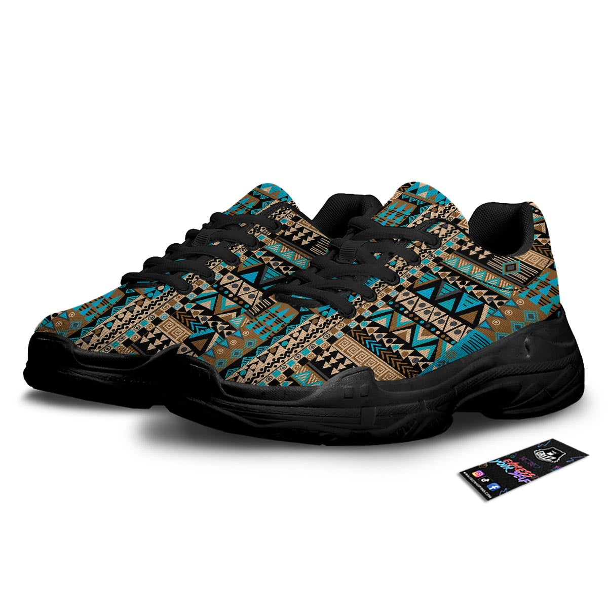 Aztec Brown And Teal Print Pattern Black Chunky Shoes-grizzshop