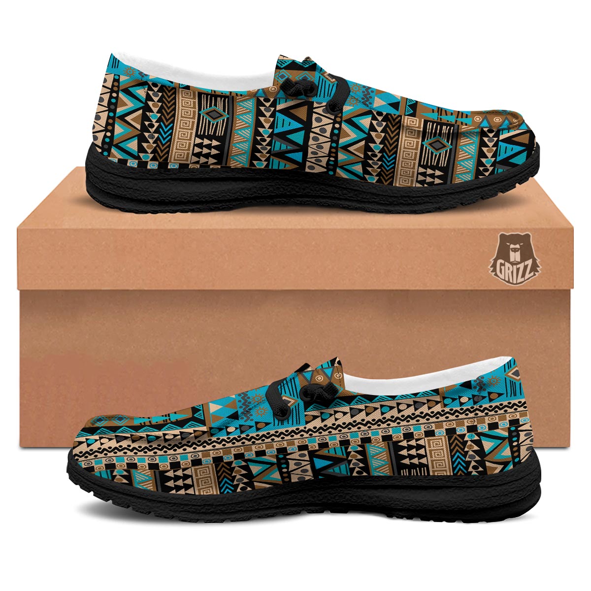 Aztec Brown And Teal Print Pattern Black Loafers-grizzshop