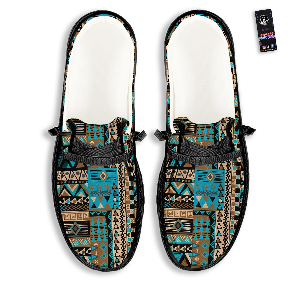 Aztec Brown And Teal Print Pattern Black Loafers-grizzshop