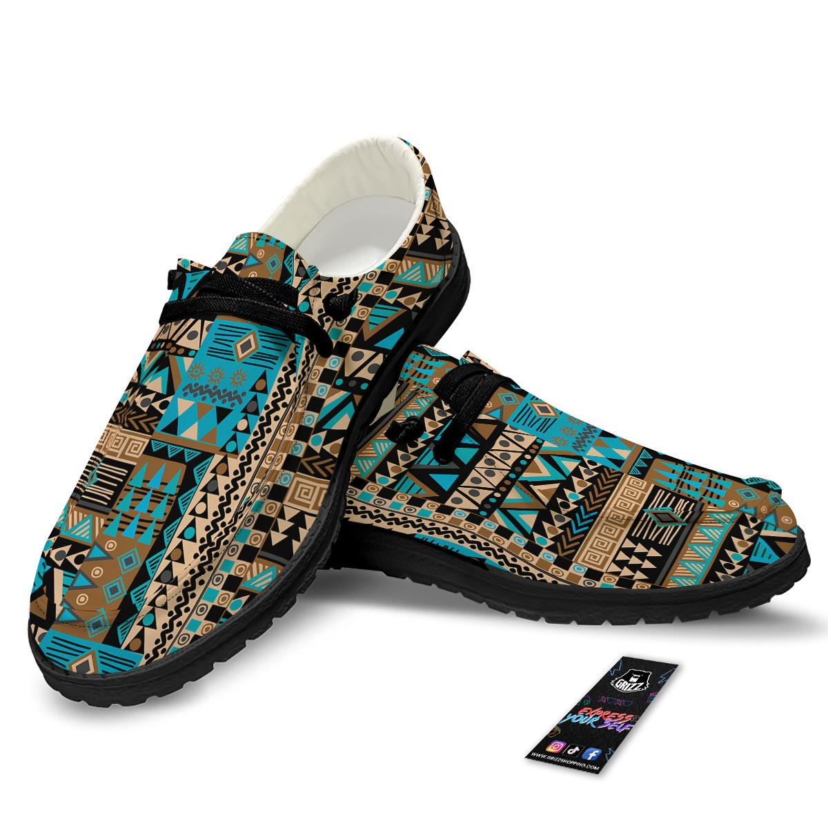 Aztec Brown And Teal Print Pattern Black Loafers-grizzshop