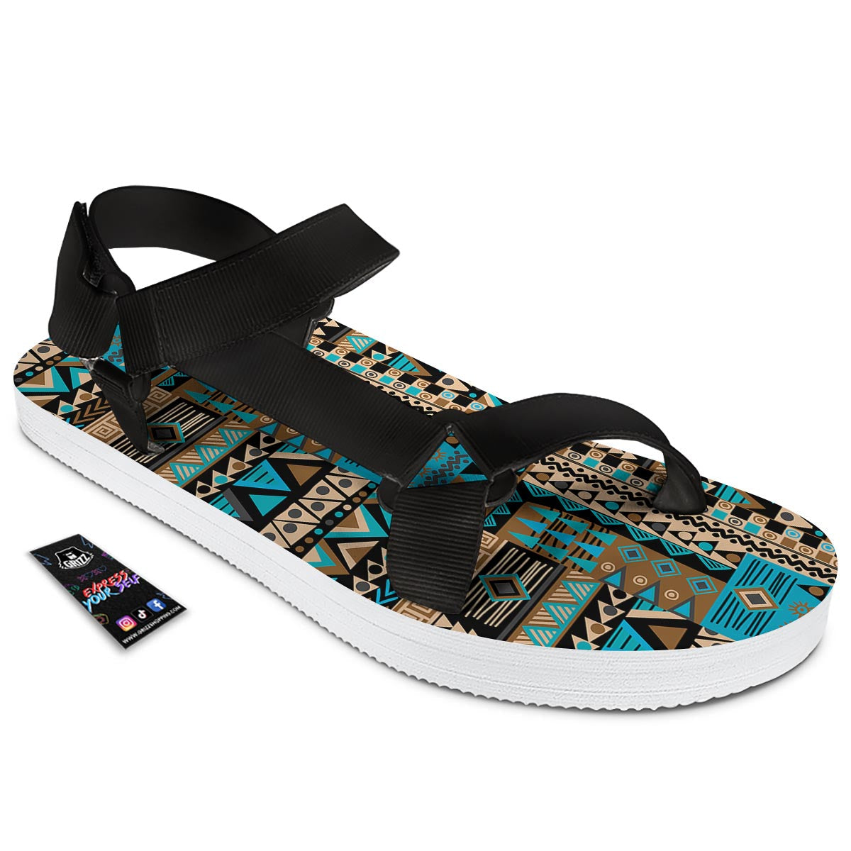 Aztec Brown And Teal Print Pattern Black Open Toe Sandals-grizzshop