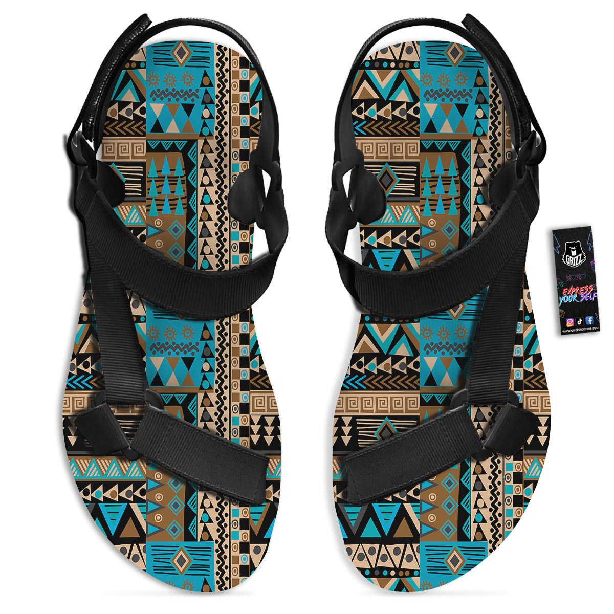 Aztec Brown And Teal Print Pattern Black Open Toe Sandals-grizzshop