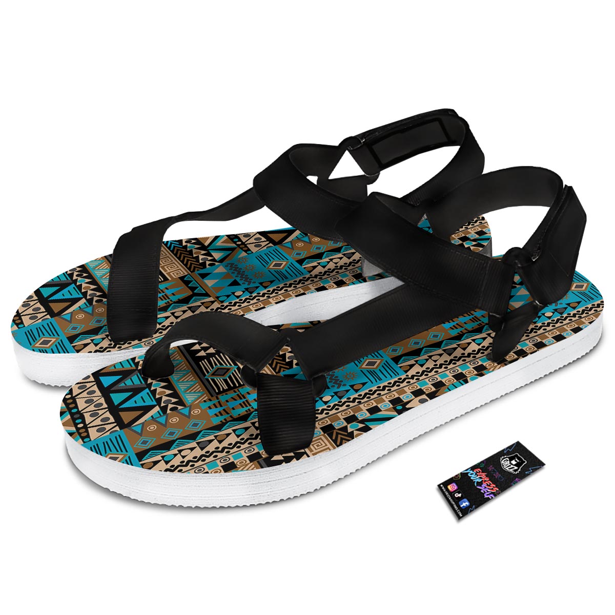 Aztec Brown And Teal Print Pattern Black Open Toe Sandals-grizzshop