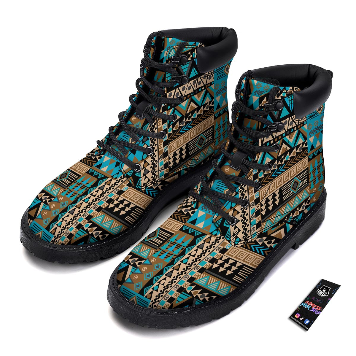 Aztec Brown And Teal Print Pattern Boots-grizzshop