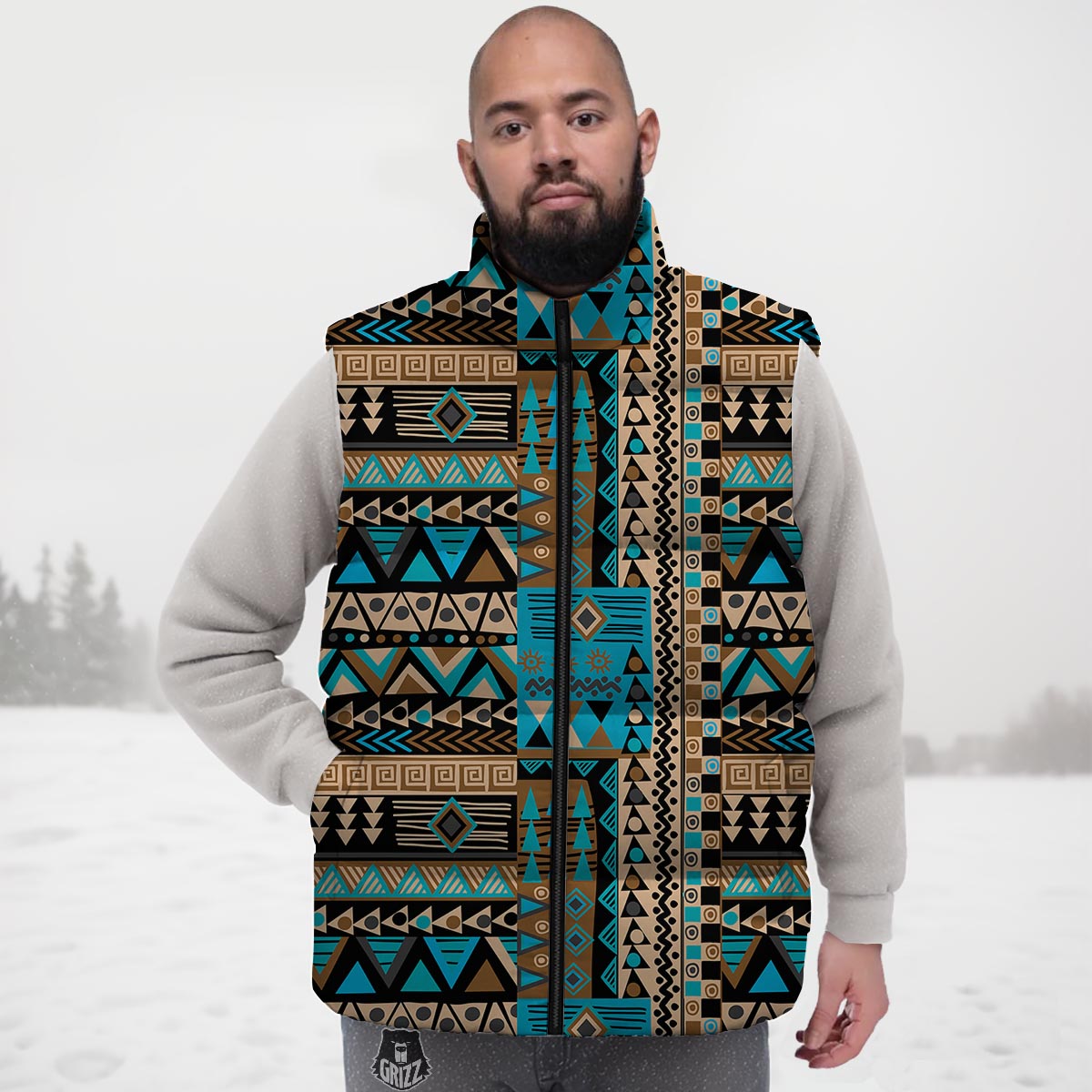Aztec Brown And Teal Print Pattern Down Vest
