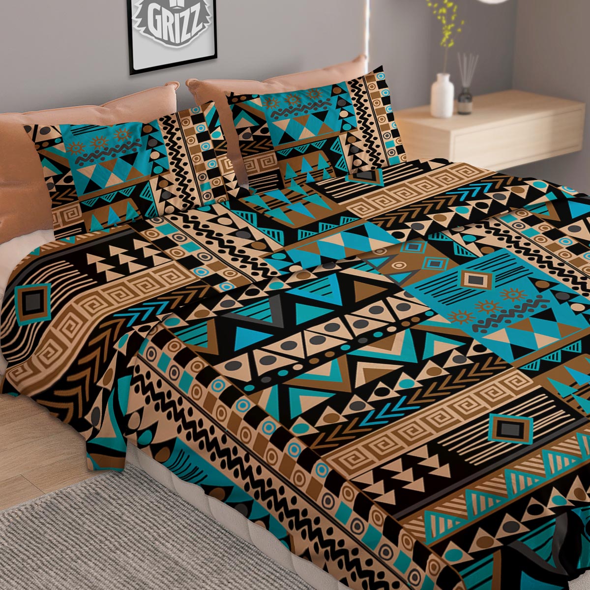 Aztec Brown And Teal Print Pattern Duvet Cover Bedding Set