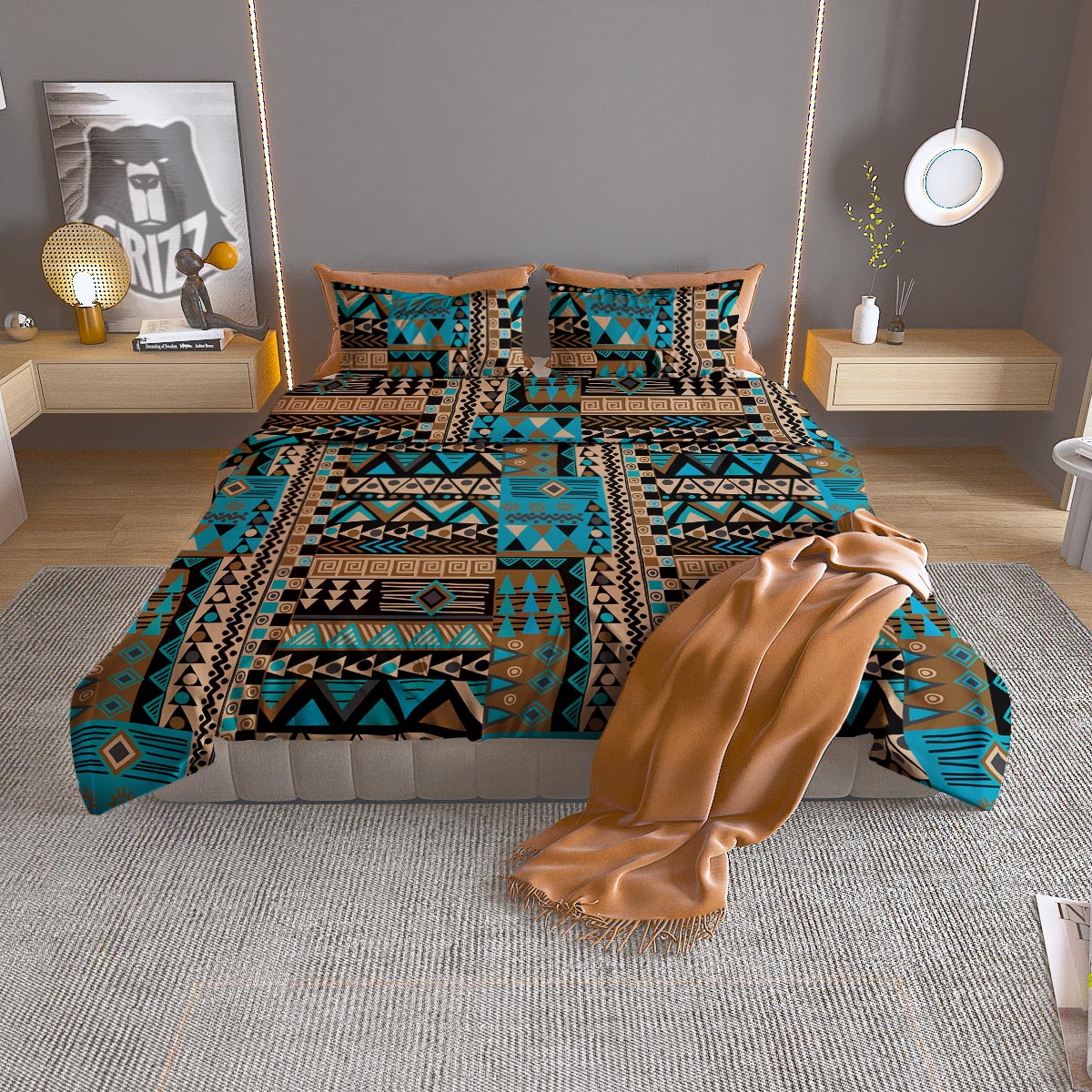 Aztec Brown And Teal Print Pattern Duvet Cover Bedding Set
