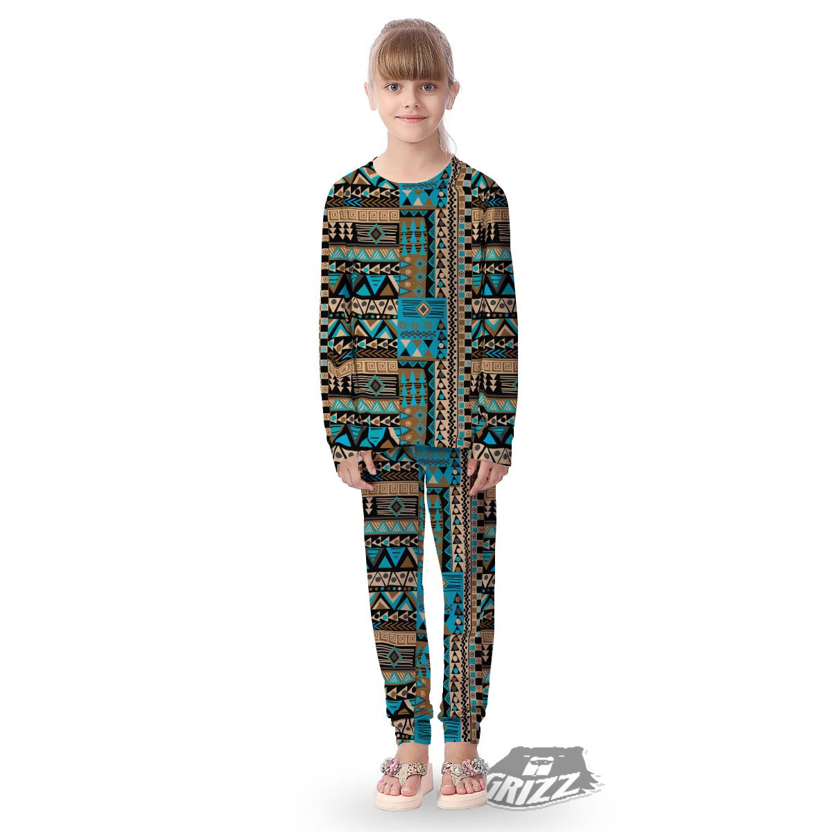 Aztec Brown And Teal Print Pattern Kid's Pajamas-grizzshop