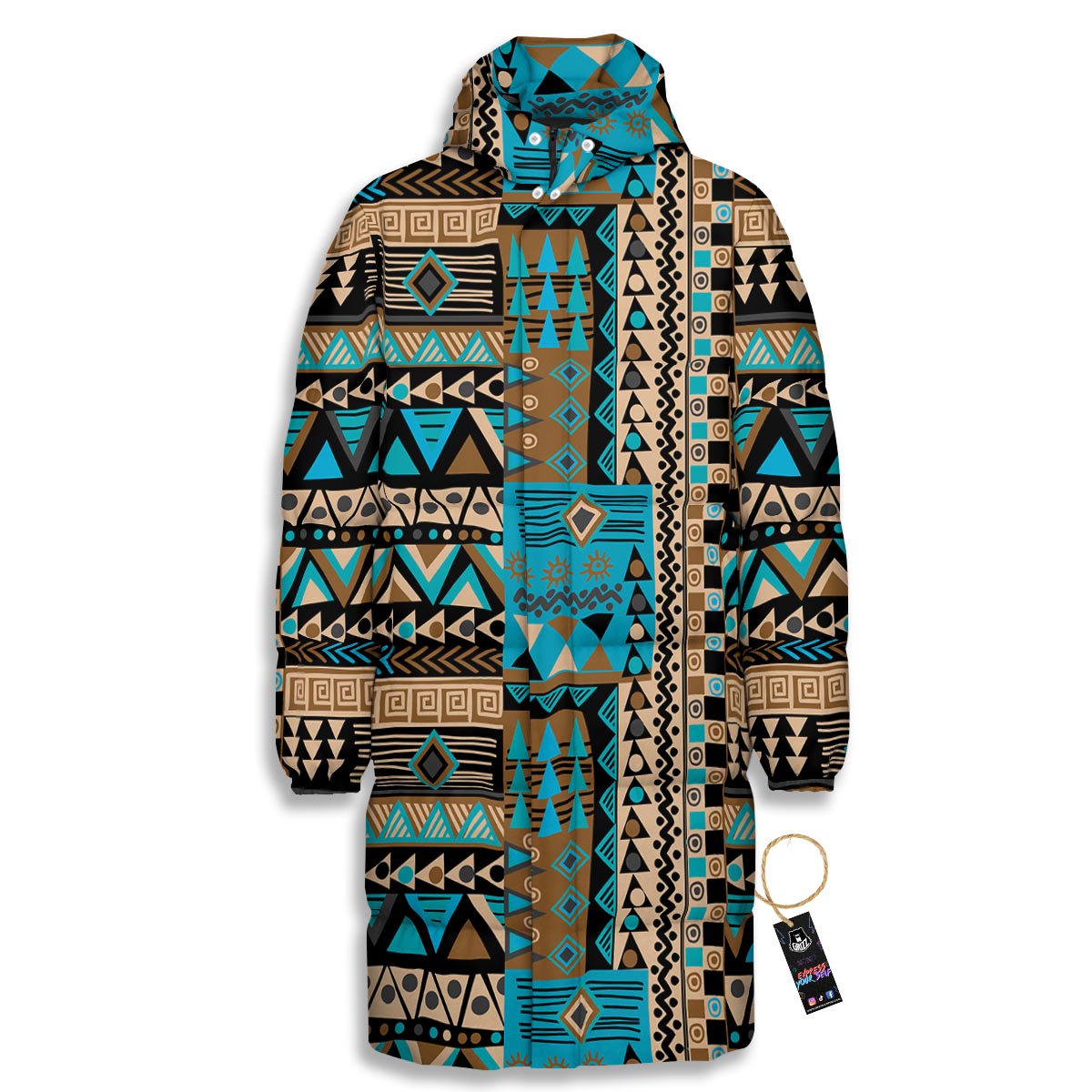 Aztec Brown And Teal Print Pattern Long Down Jacket-grizzshop