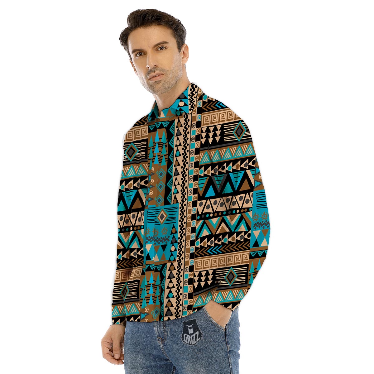 Aztec Brown And Teal Print Pattern Men's Dress Shirts-grizzshop