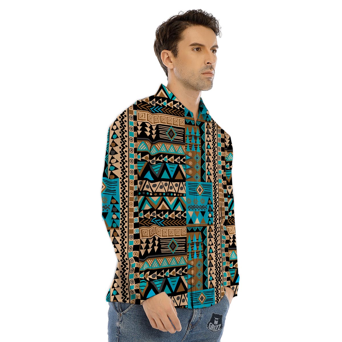 Aztec Brown And Teal Print Pattern Men's Dress Shirts-grizzshop