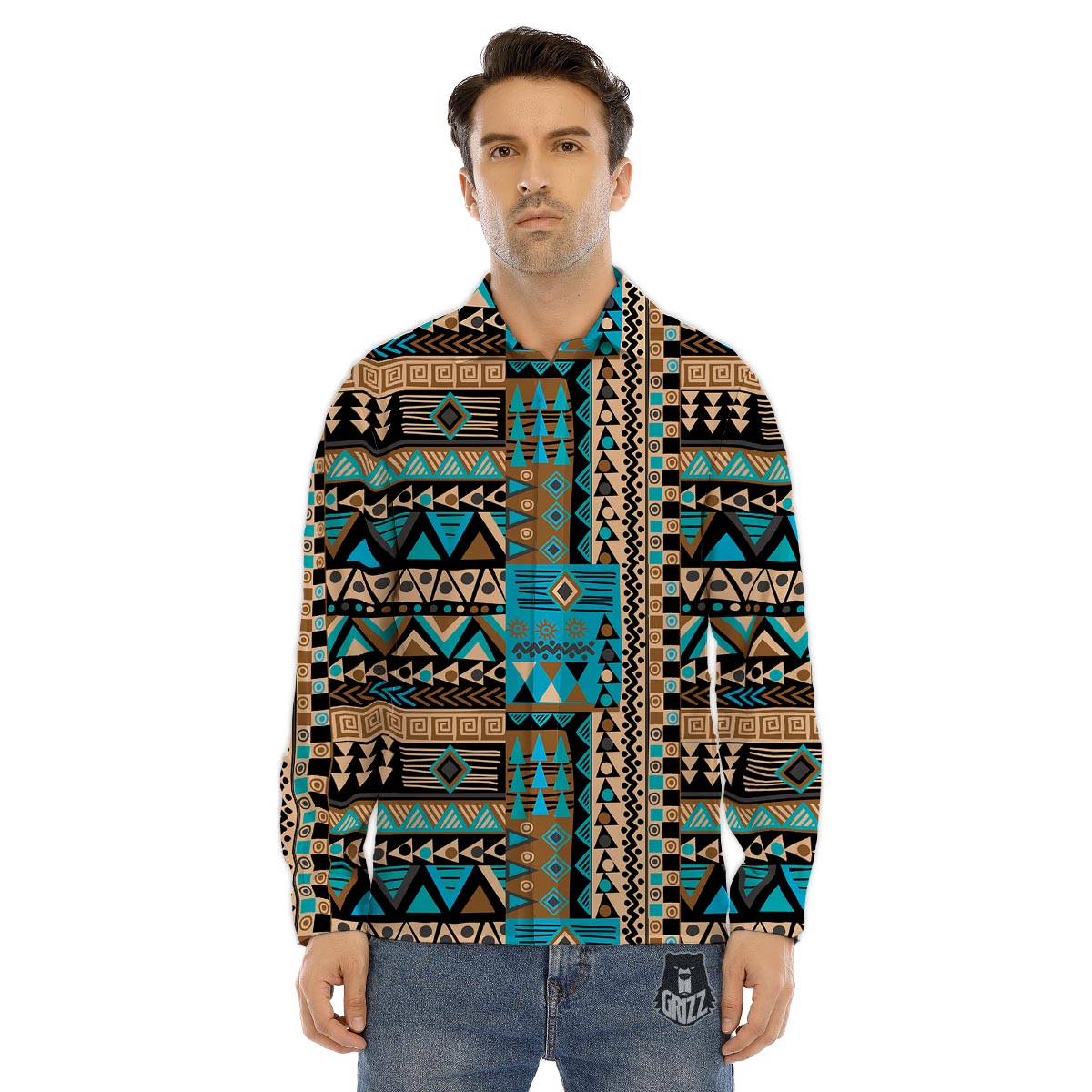 Aztec Brown And Teal Print Pattern Men's Dress Shirts-grizzshop