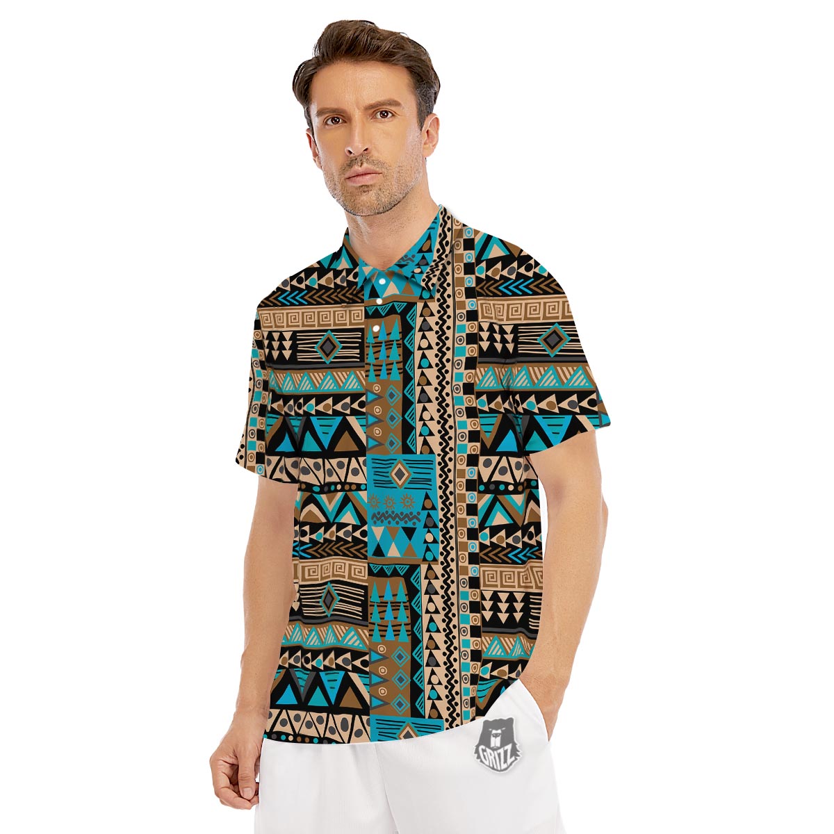 Aztec Brown And Teal Print Pattern Men's Golf Shirts-grizzshop