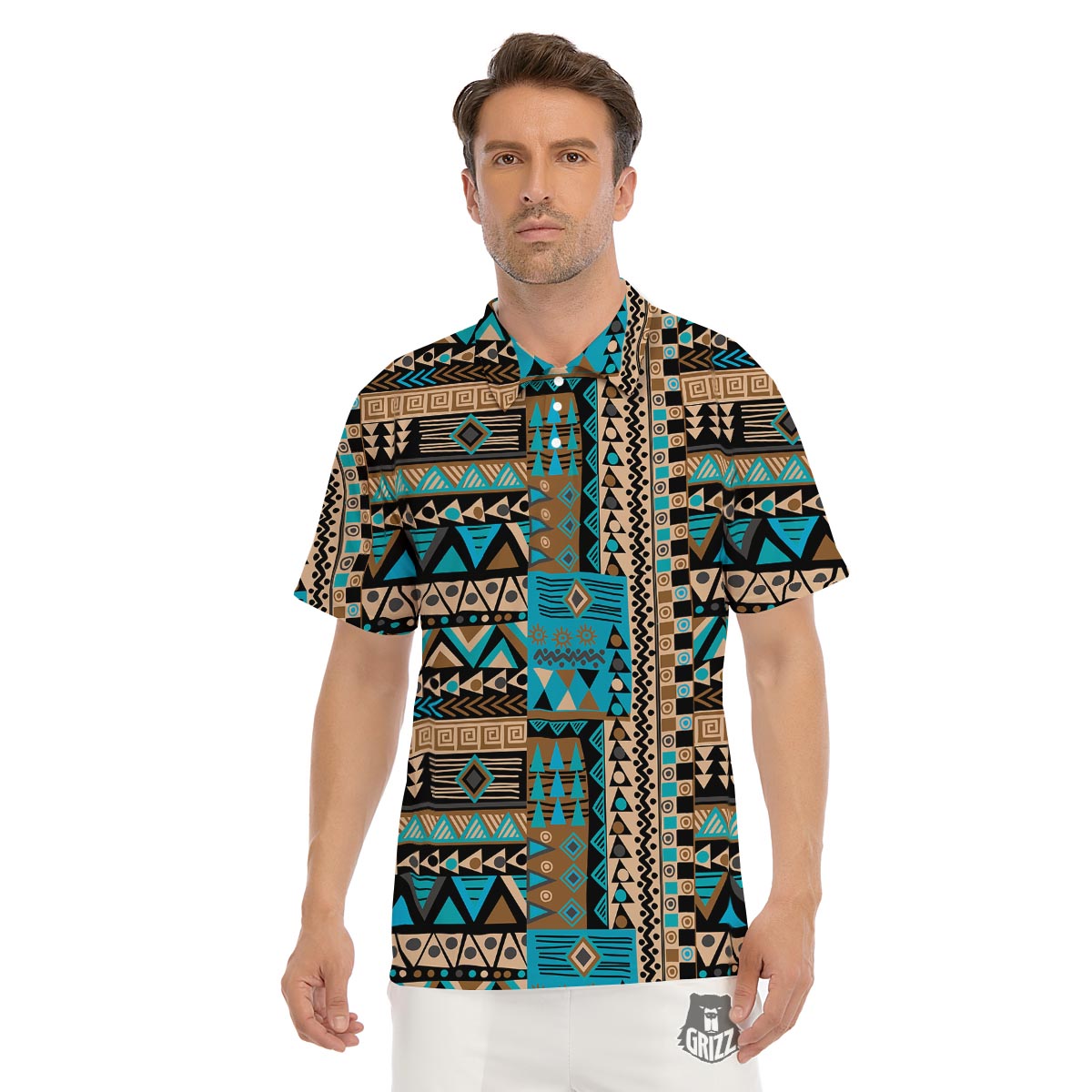 Aztec Brown And Teal Print Pattern Men's Golf Shirts-grizzshop