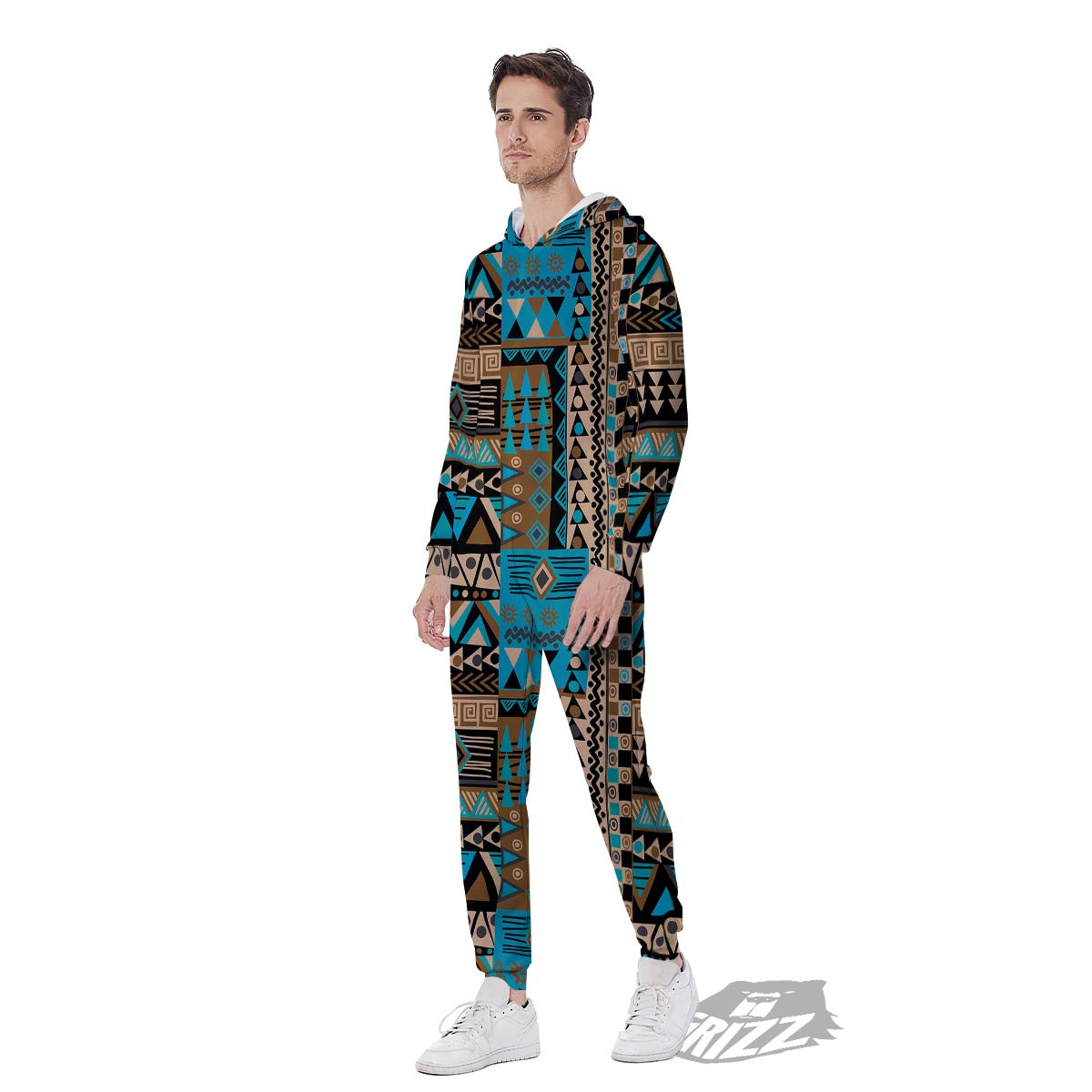 Aztec Brown And Teal Print Pattern Men's Jumpsuit-grizzshop