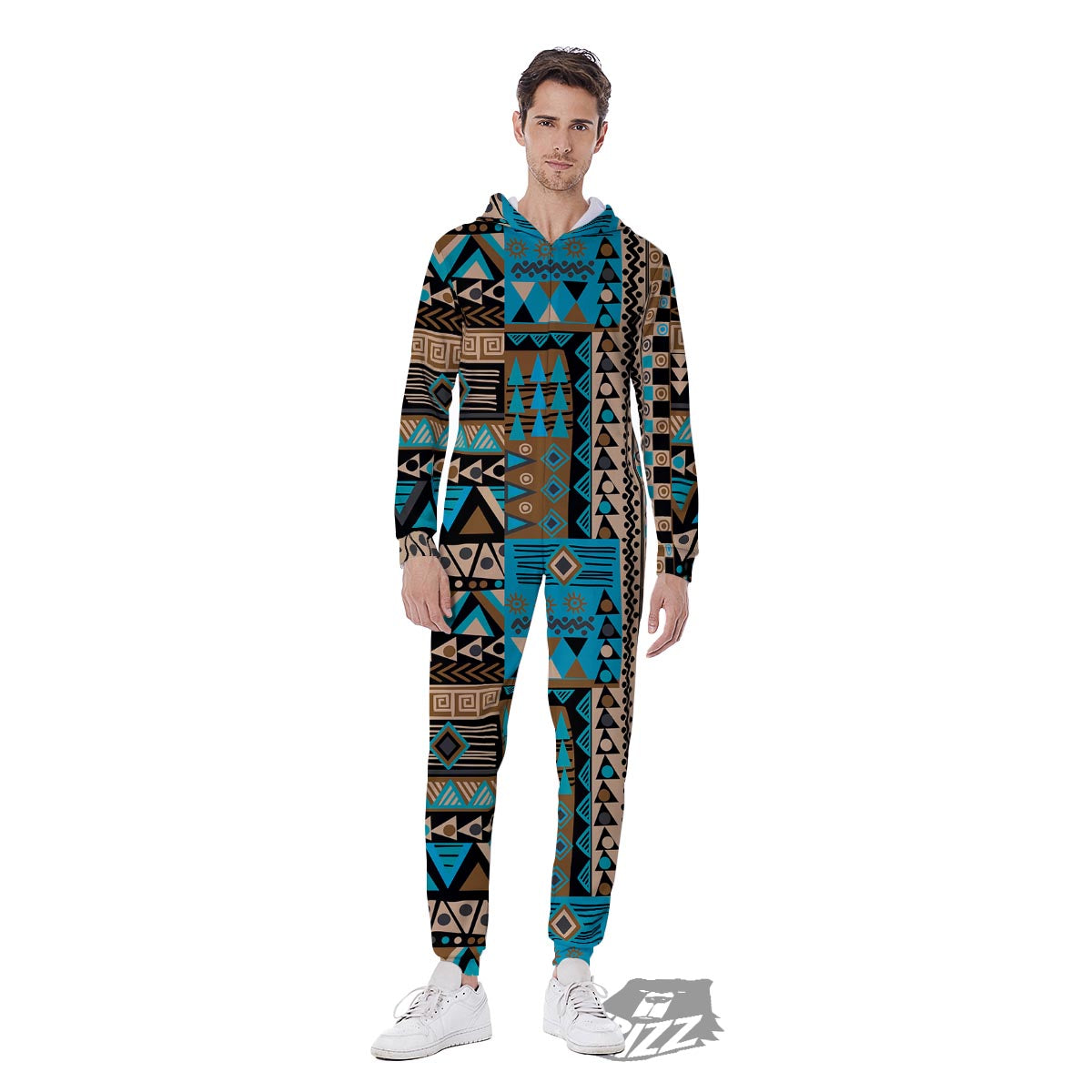 Aztec Brown And Teal Print Pattern Men's Jumpsuit-grizzshop