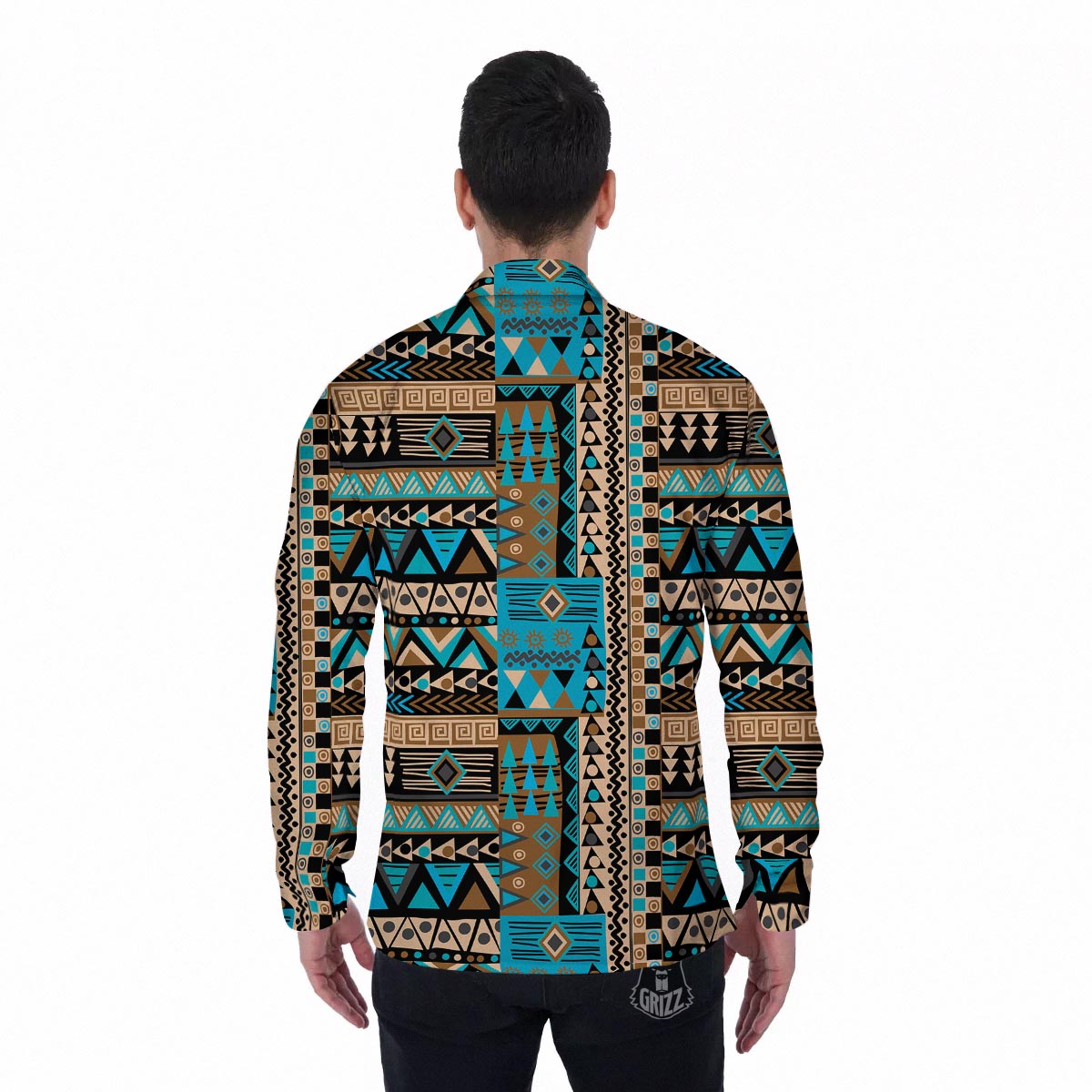 Aztec Brown And Teal Print Pattern Men's Long Sleeve Shirts-grizzshop