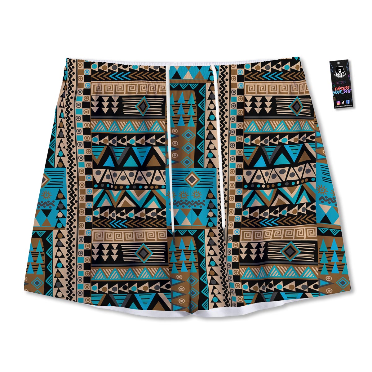 Aztec Brown And Teal Print Pattern Mesh Shorts