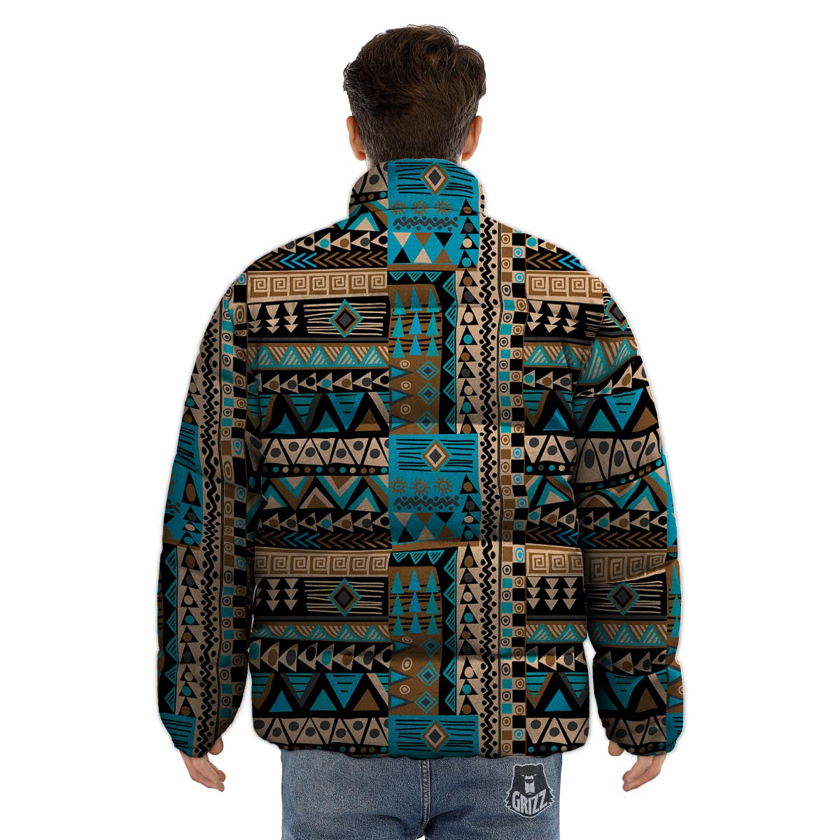 Aztec Brown And Teal Print Pattern Puffer Jacket-grizzshop