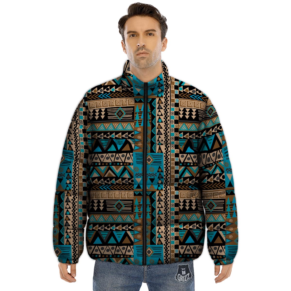 Aztec Brown And Teal Print Pattern Puffer Jacket-grizzshop