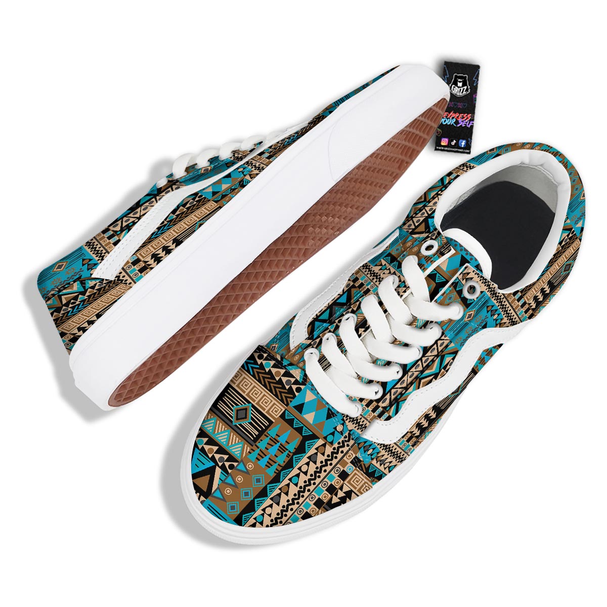 Aztec Brown And Teal Print Pattern Skate Shoes-grizzshop