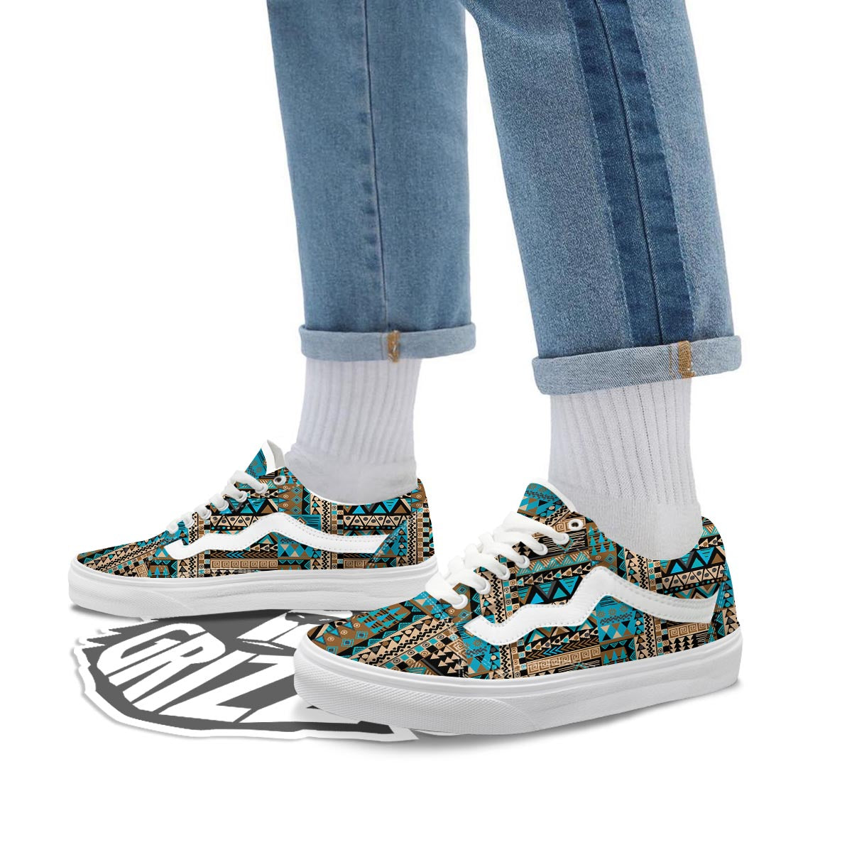 Aztec Brown And Teal Print Pattern Skate Shoes-grizzshop