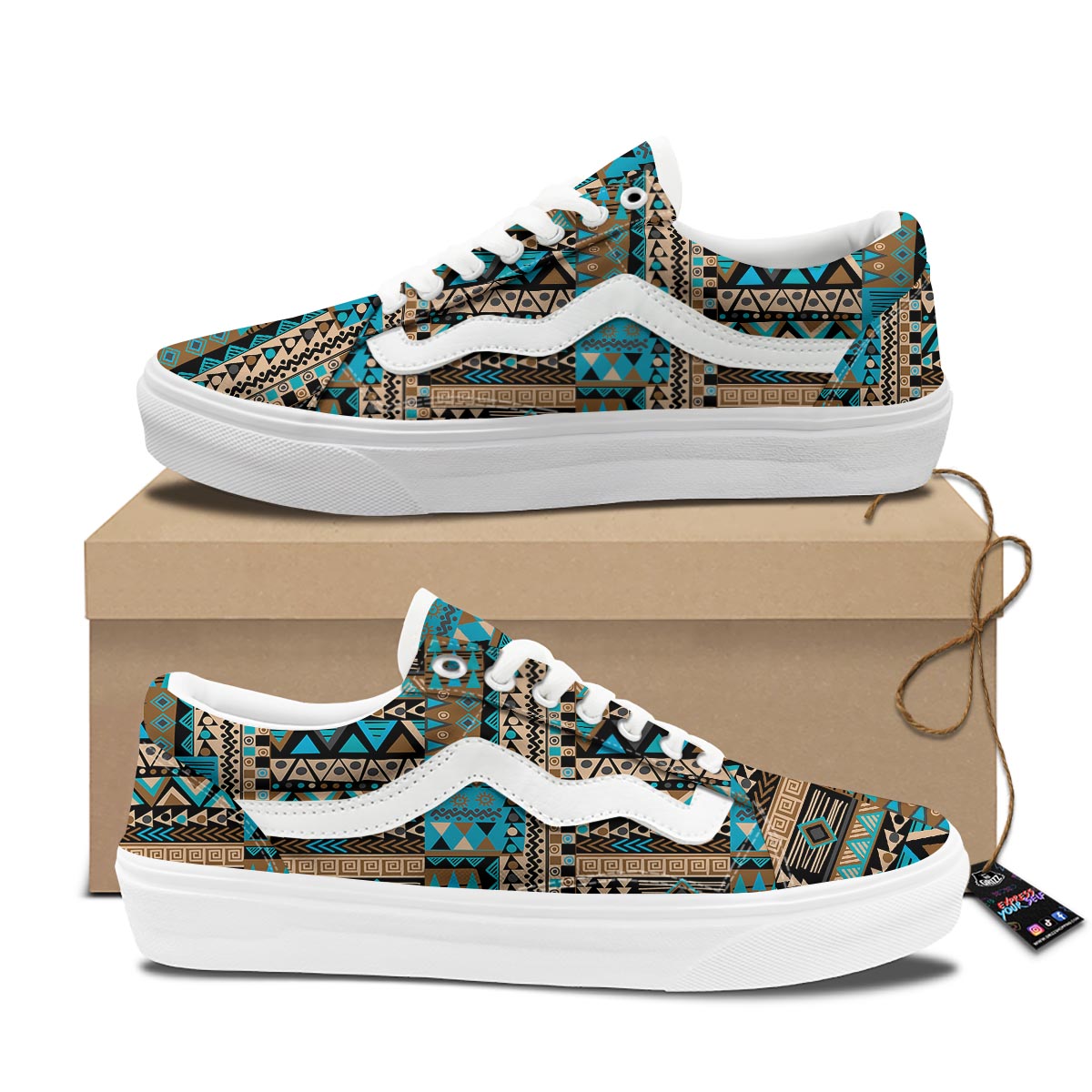 Aztec Brown And Teal Print Pattern Skate Shoes-grizzshop