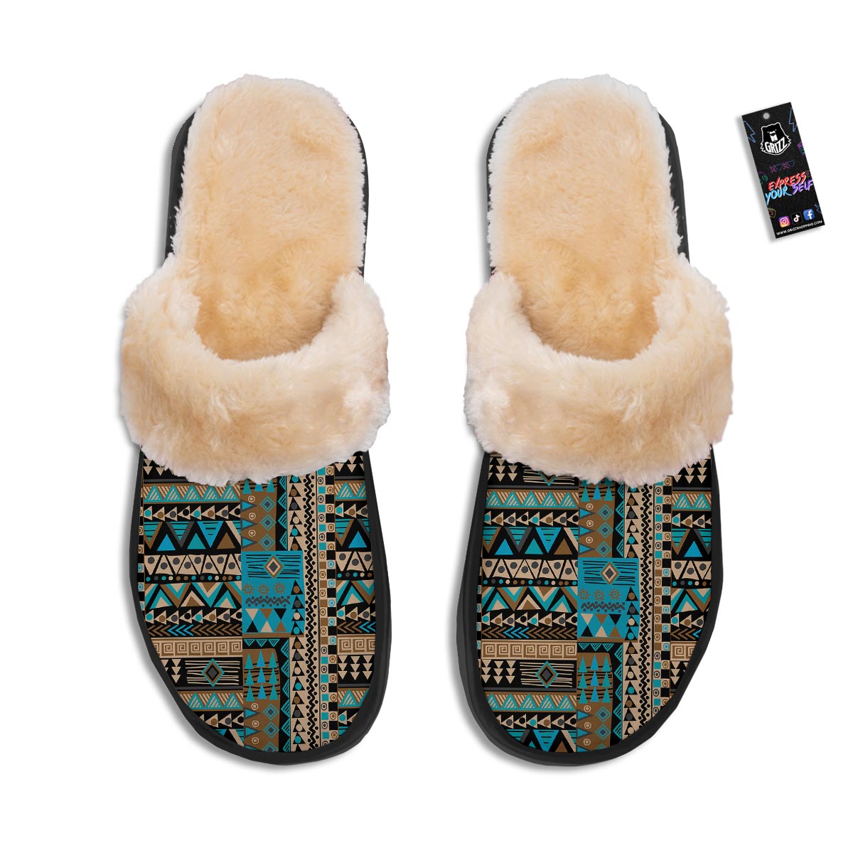 Aztec Brown And Teal Print Pattern Slippers-grizzshop