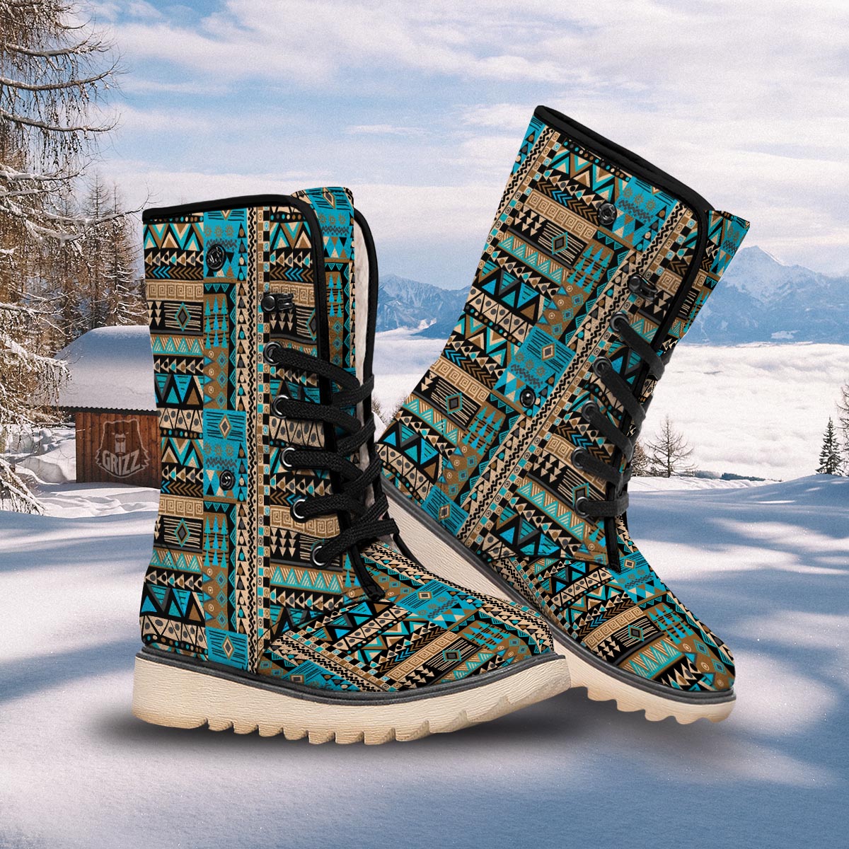 Aztec Brown And Teal Print Pattern Snow Boots-grizzshop