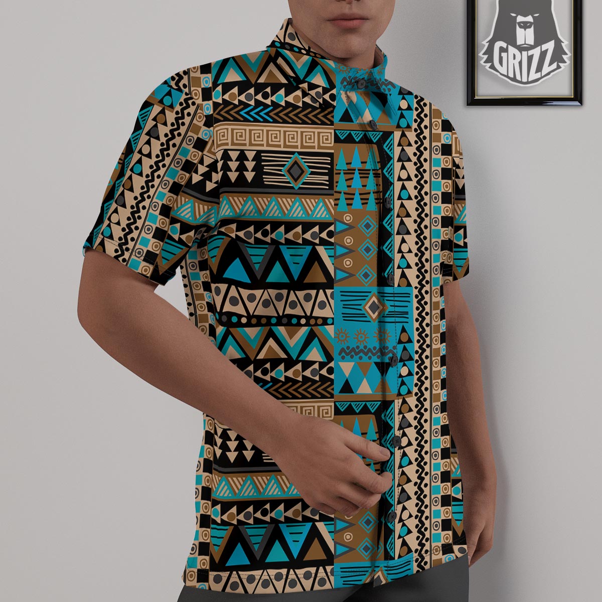 Aztec Brown And Teal Print Pattern Untucked Shirts-grizzshop