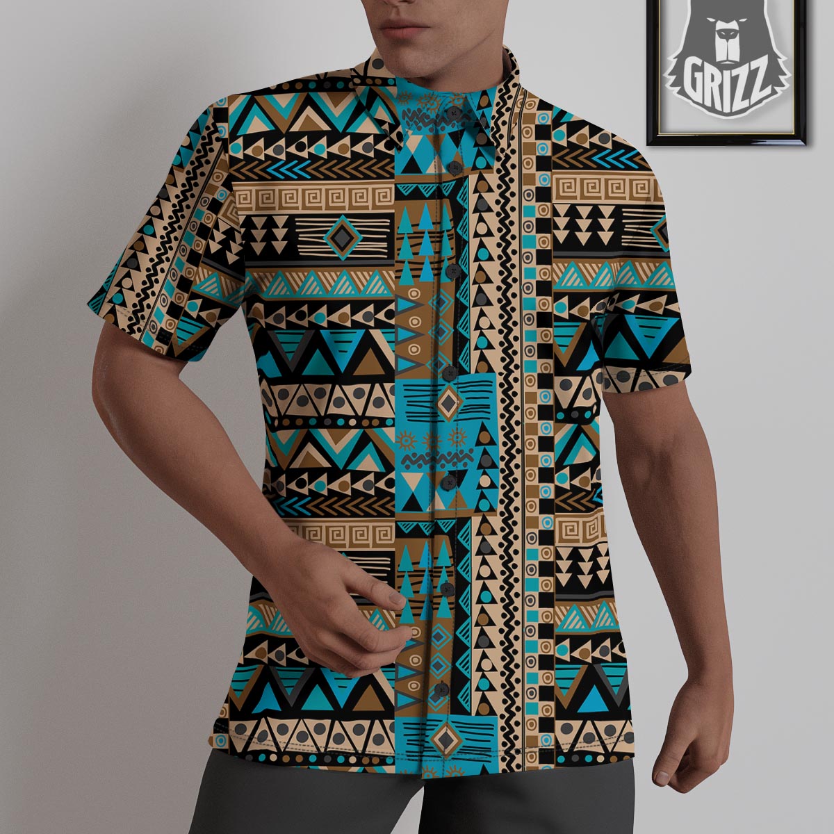 Aztec Brown And Teal Print Pattern Untucked Shirts-grizzshop