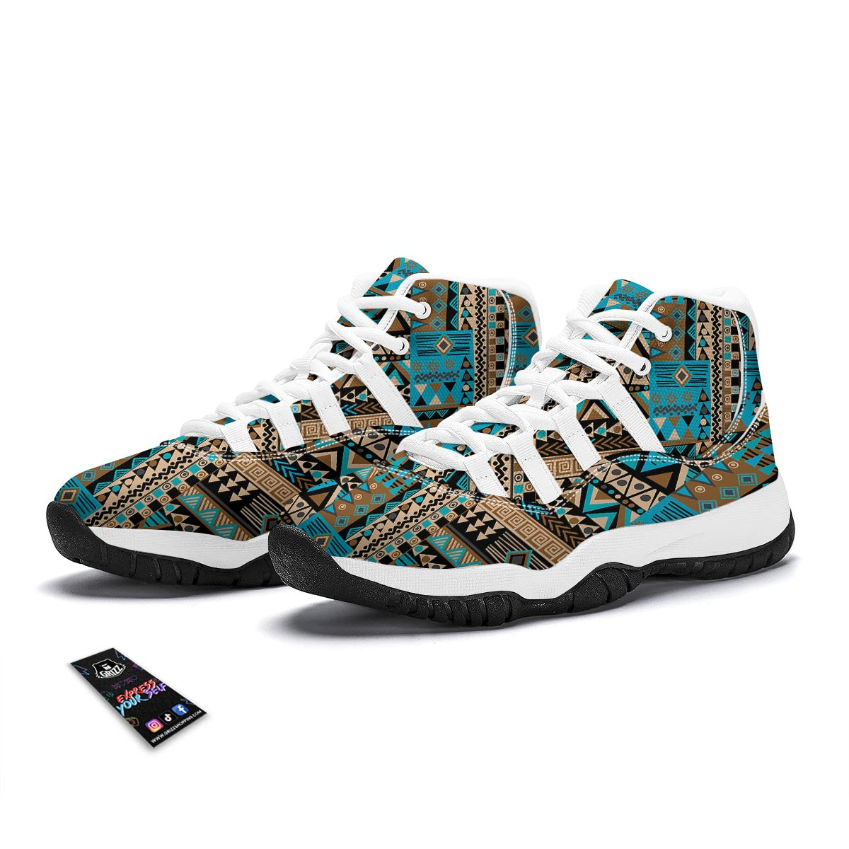 Aztec Brown And Teal Print Pattern White Bball Shoes-grizzshop