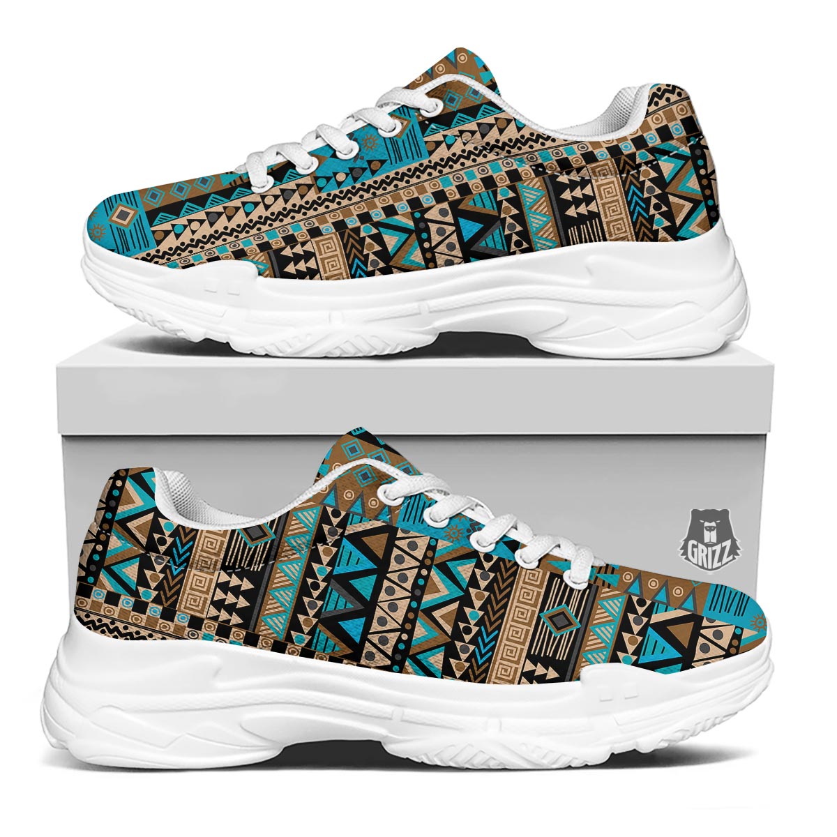 Aztec Brown And Teal Print Pattern White Chunky Shoes-grizzshop