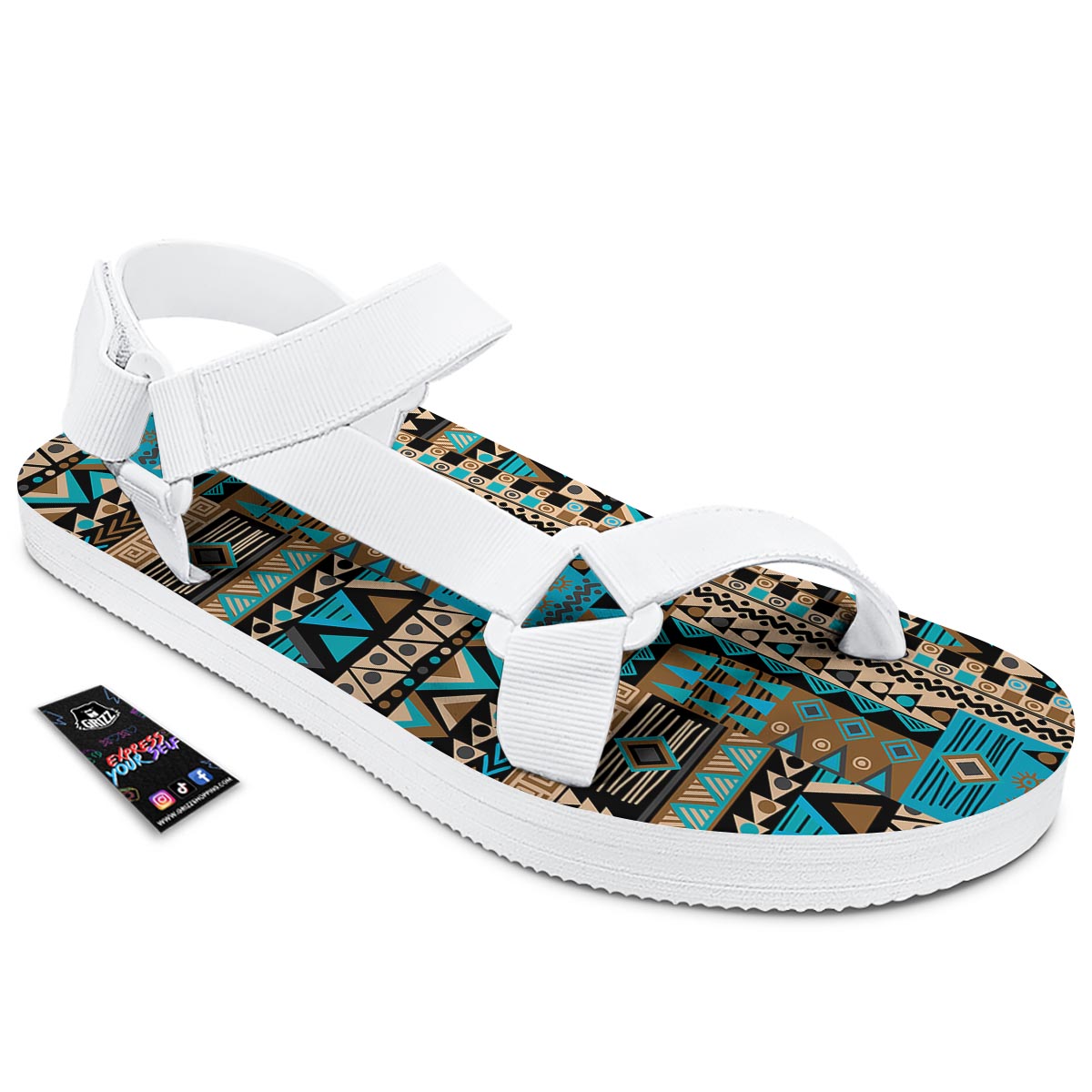 Aztec Brown And Teal Print Pattern White Open Toe Sandals-grizzshop