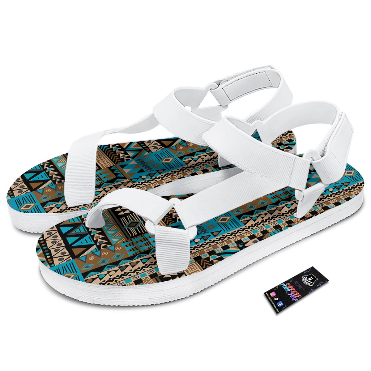 Aztec Brown And Teal Print Pattern White Open Toe Sandals-grizzshop