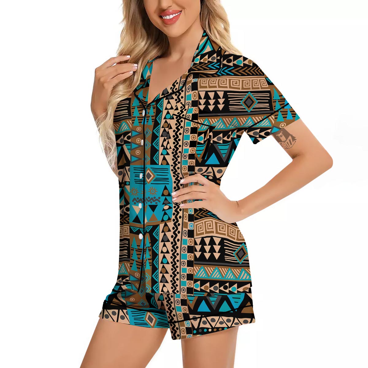 Aztec Brown And Teal Print Pattern Women Silk Pajamas-grizzshop