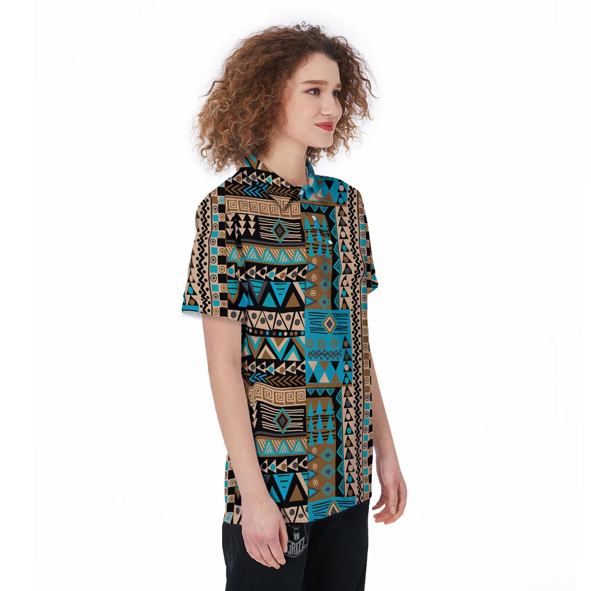 Aztec Brown And Teal Print Pattern Women's Golf Shirts-grizzshop