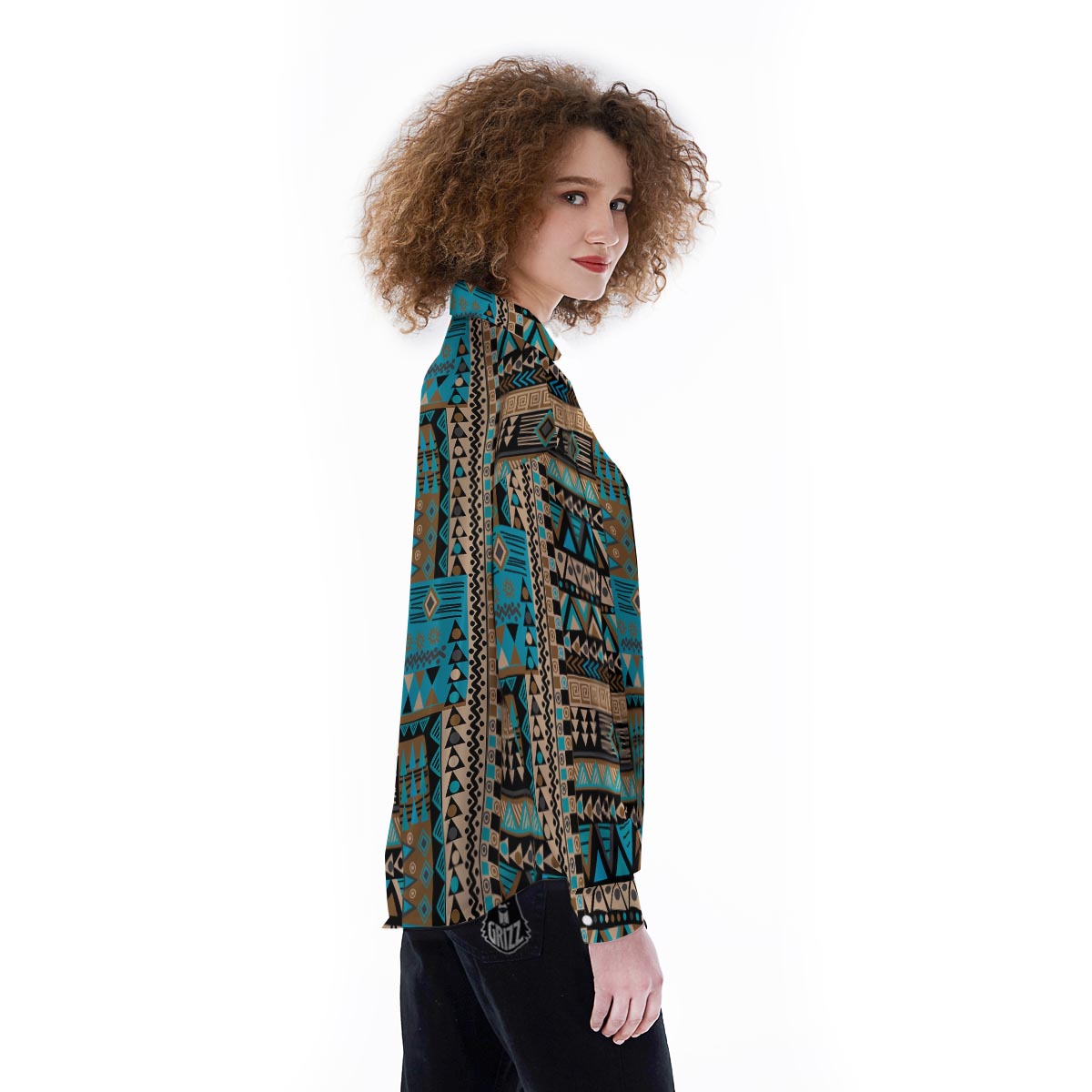 Aztec Brown And Teal Print Pattern Women's Long Sleeve Shirts-grizzshop