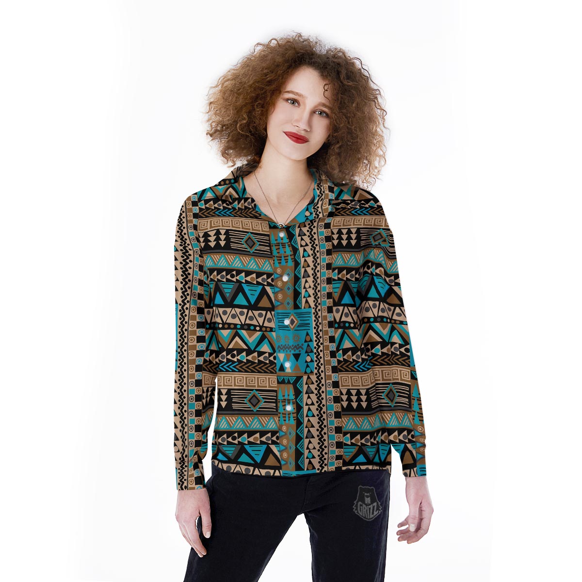 Aztec Brown And Teal Print Pattern Women's Long Sleeve Shirts-grizzshop