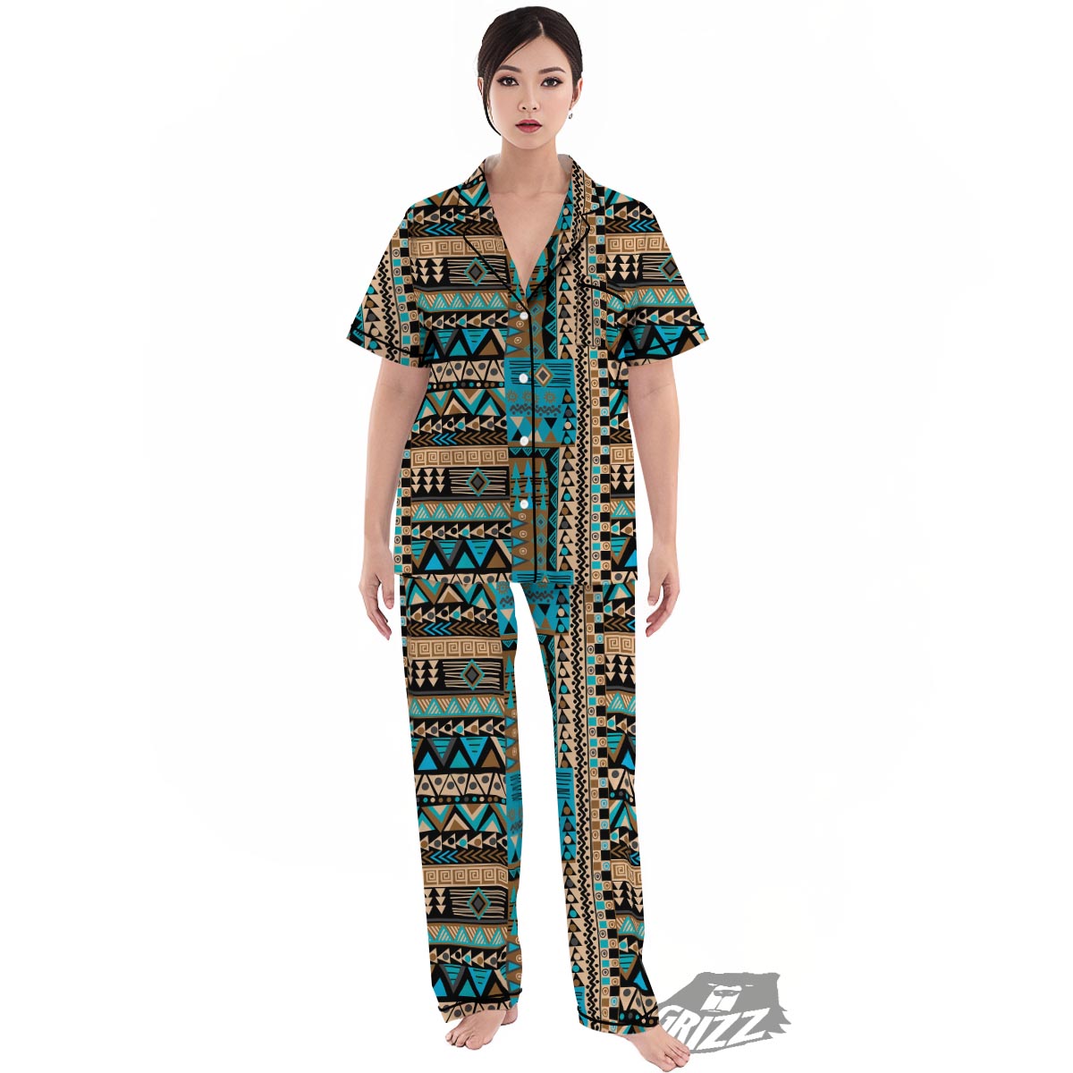Aztec Brown And Teal Print Pattern Women's Pajamas Set-grizzshop