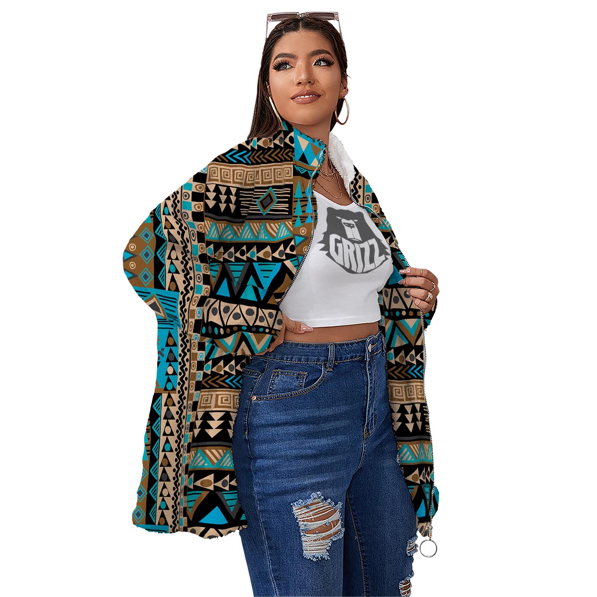 Aztec Brown And Teal Print Pattern Women's Sherpa Jacket-grizzshop