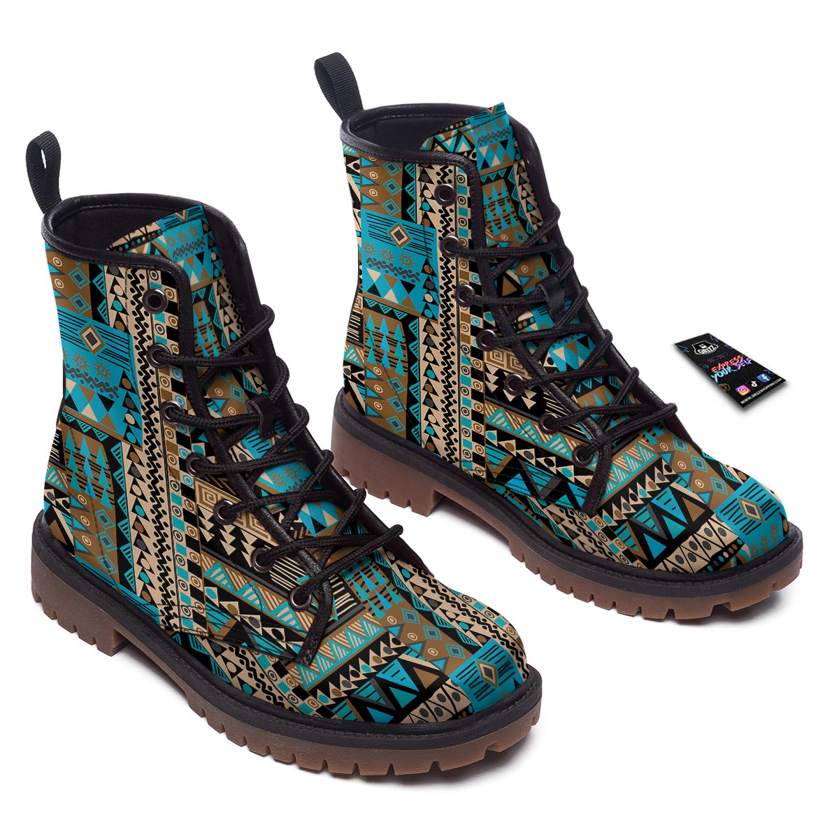 Aztec Brown And Teal Print Pattern Work Boots-grizzshop