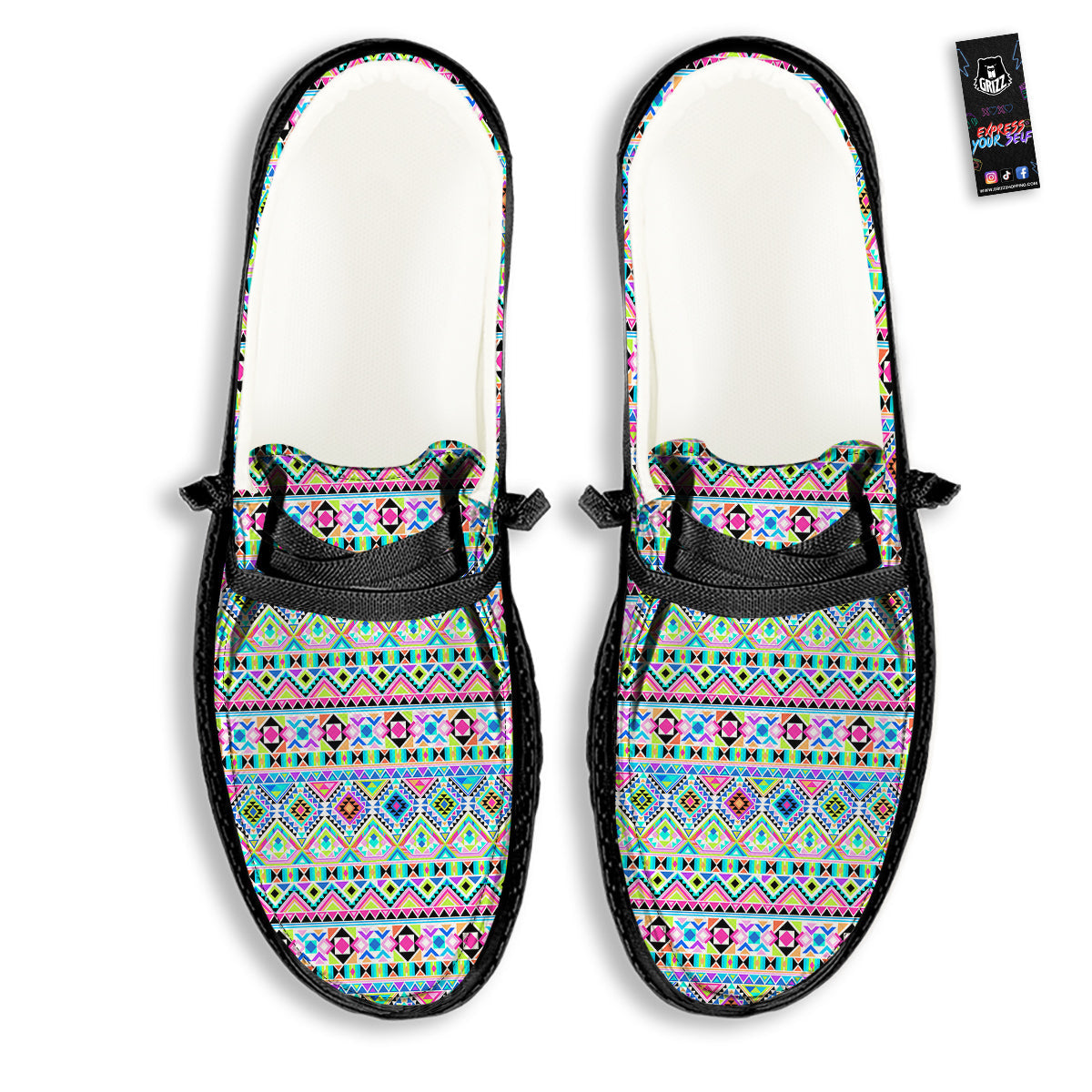 Aztec Colorful Print Pattern Black Loafers-grizzshop
