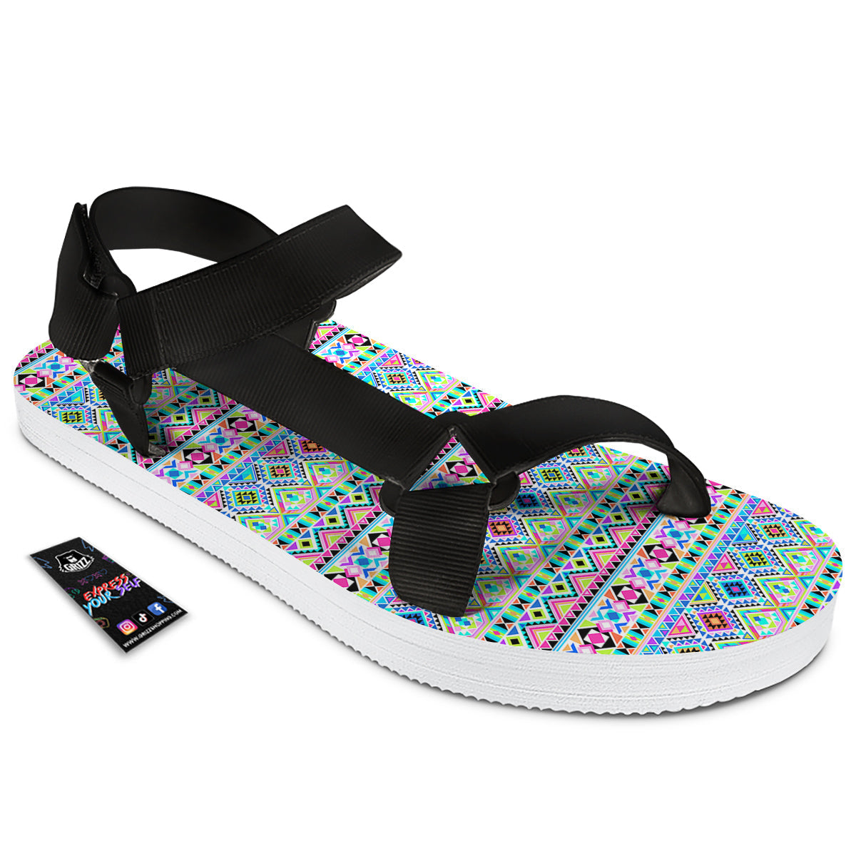 Aztec Colorful Print Pattern Black Open Toe Sandals-grizzshop