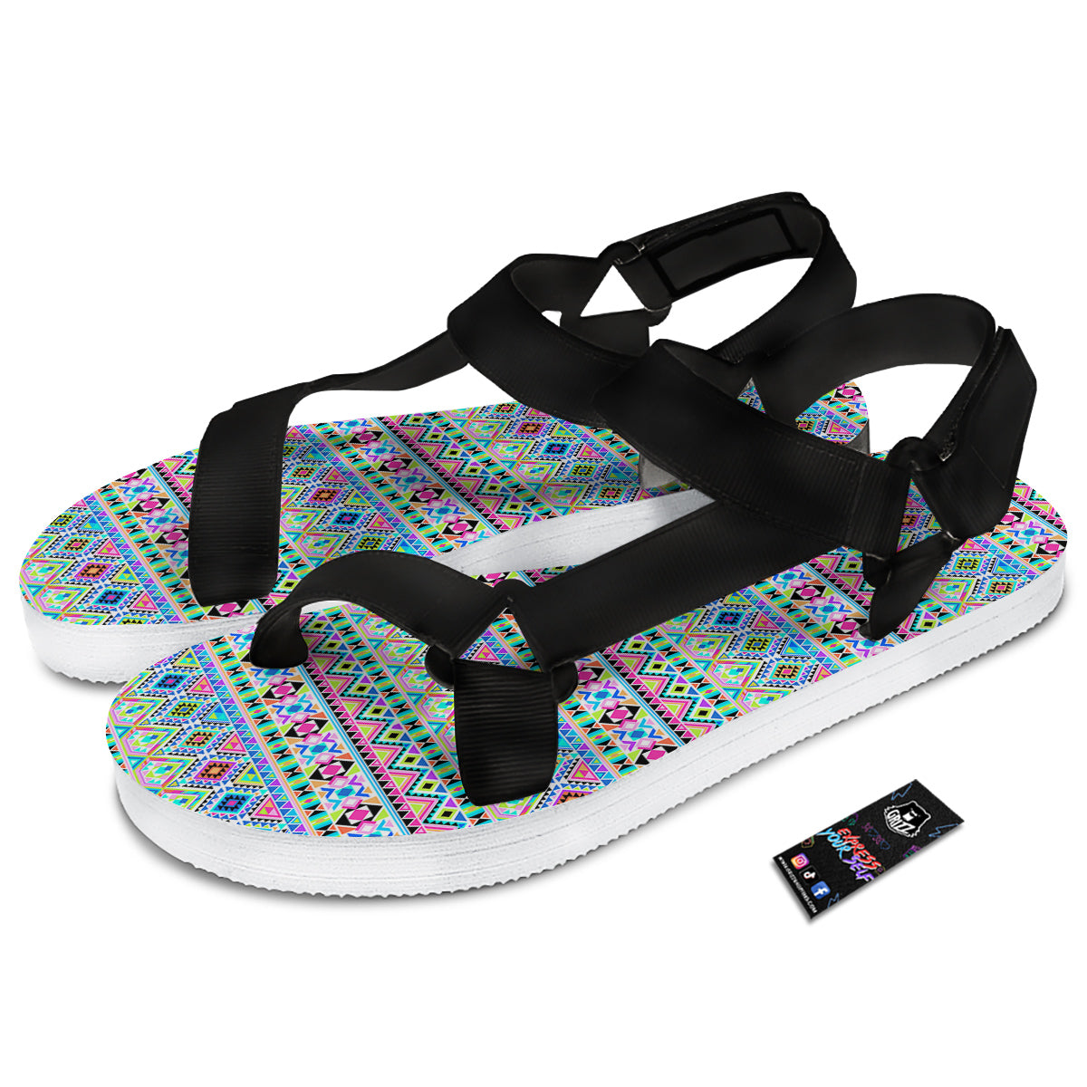 Aztec Colorful Print Pattern Black Open Toe Sandals-grizzshop