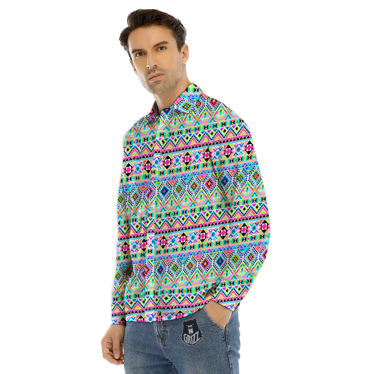 Aztec Colorful Print Pattern Men's Dress Shirts-grizzshop
