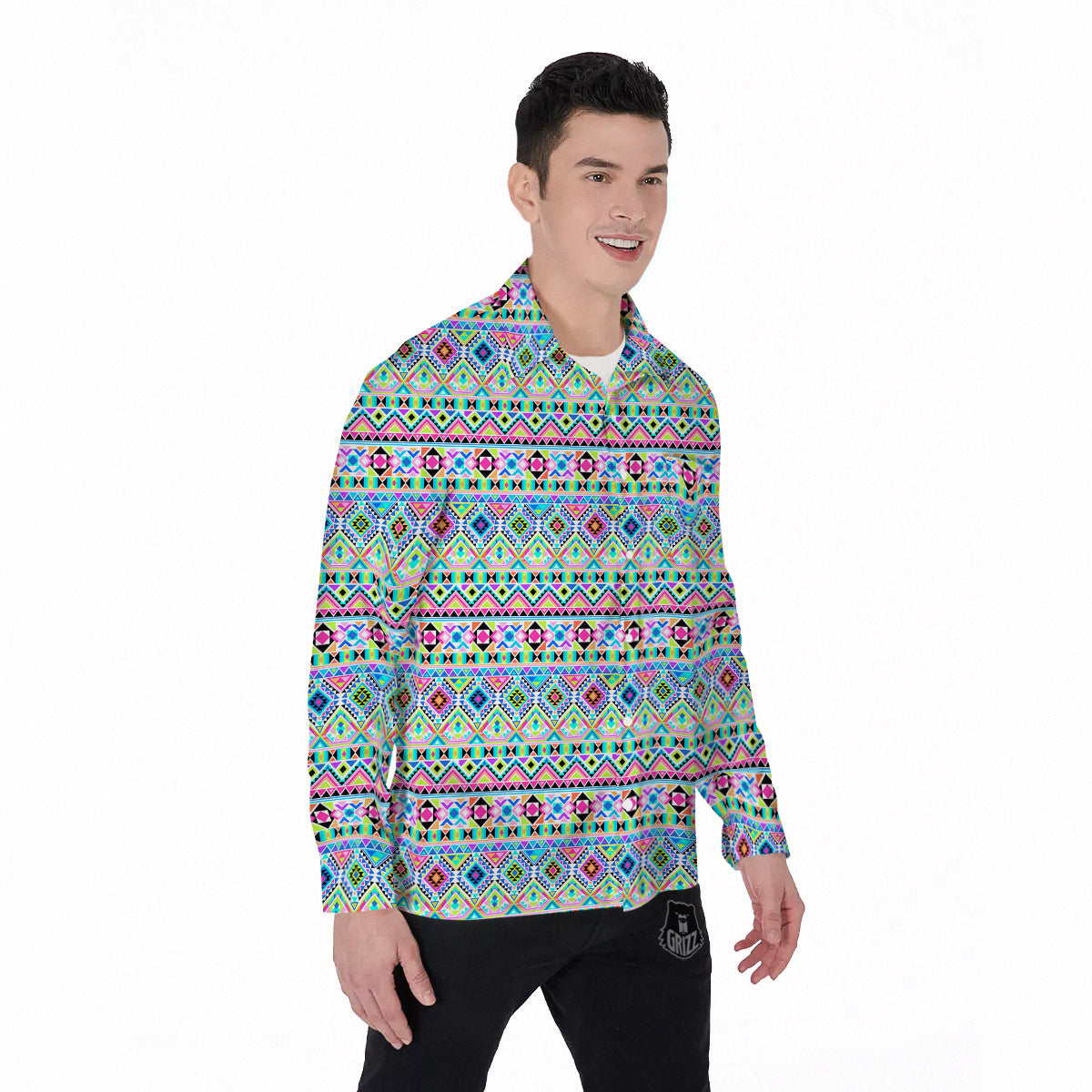 Aztec Colorful Print Pattern Men's Long Sleeve Shirts-grizzshop